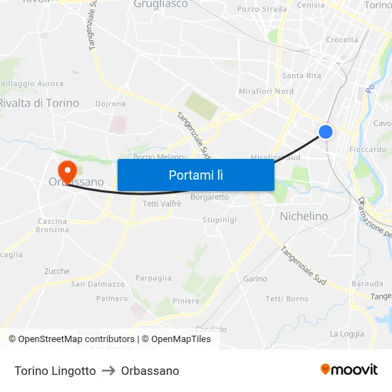 Torino Lingotto to Orbassano map