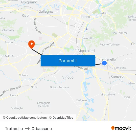 Trofarello to Orbassano map