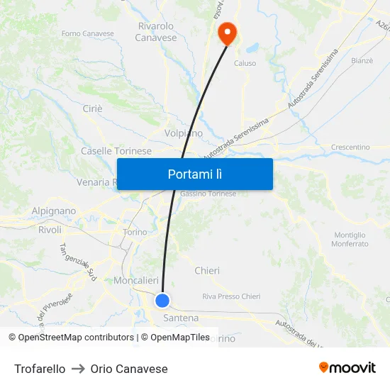 Trofarello to Orio Canavese map