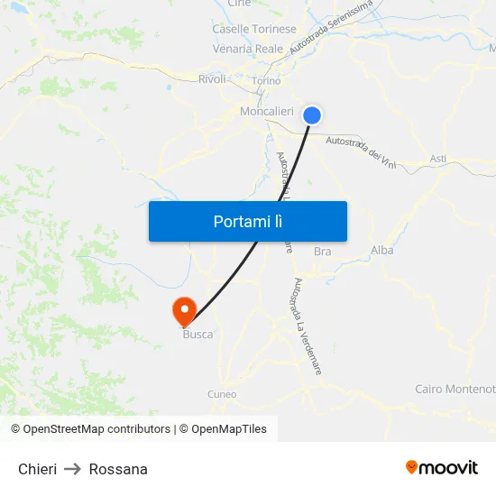 Chieri to Rossana map