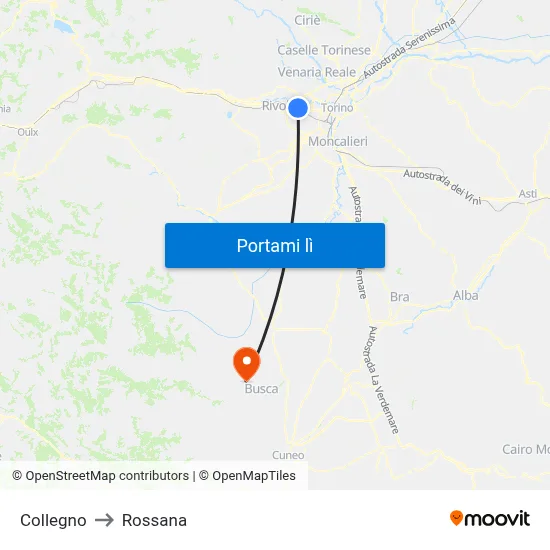 Collegno to Rossana map