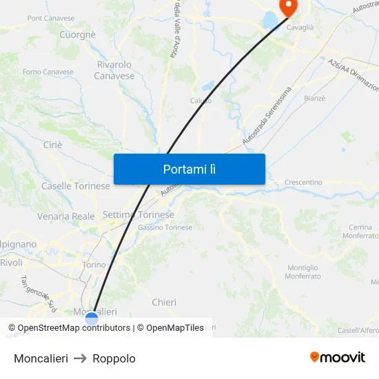 Moncalieri to Roppolo map