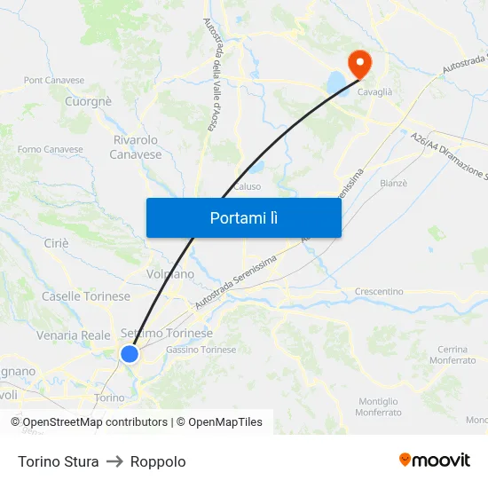 Torino Stura to Roppolo map