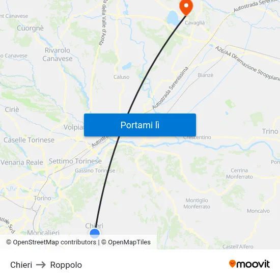 Chieri to Roppolo map