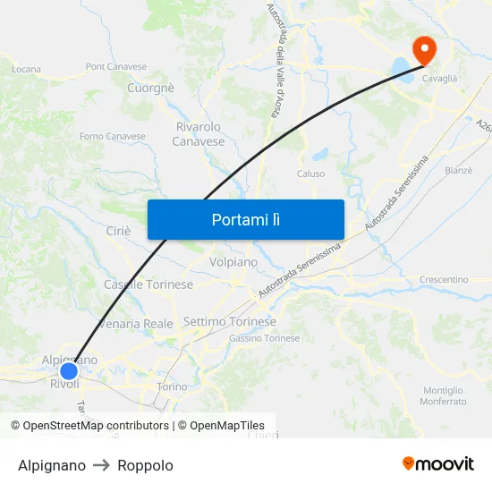 Alpignano to Roppolo map