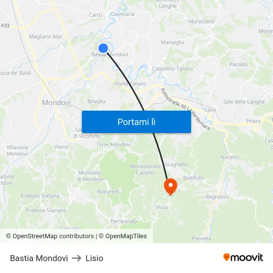Bastia Mondovì to Lisio map