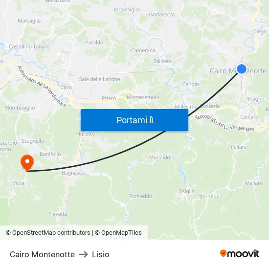 Cairo Montenotte to Lisio map