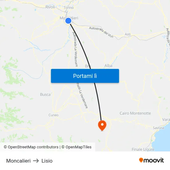 Moncalieri to Lisio map