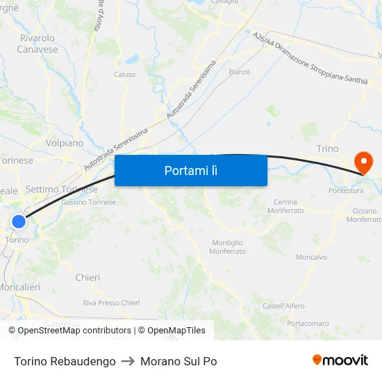 Torino Rebaudengo to Morano Sul Po map