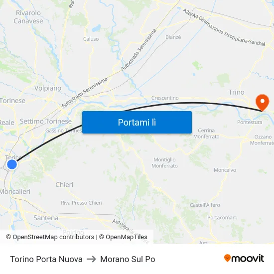 Torino Porta Nuova to Morano Sul Po map