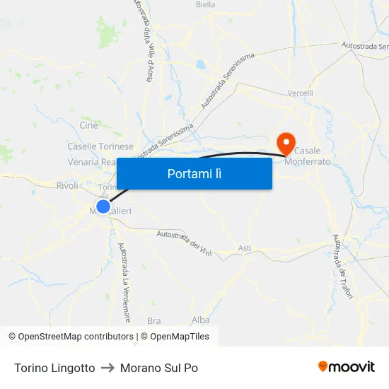 Torino Lingotto to Morano Sul Po map