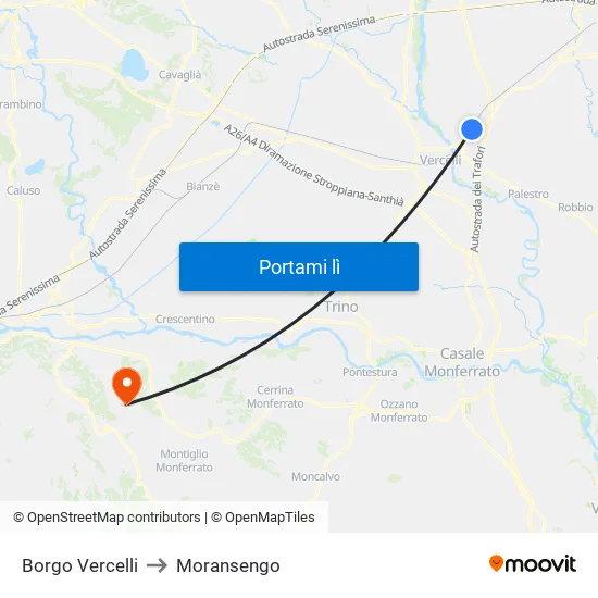 Borgo Vercelli to Moransengo map