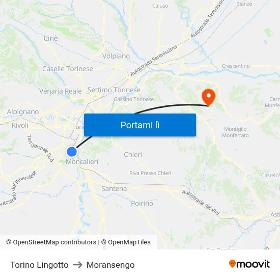 Torino Lingotto to Moransengo map