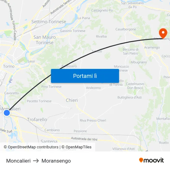 Moncalieri to Moransengo map