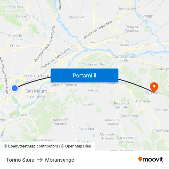 Torino Stura to Moransengo map