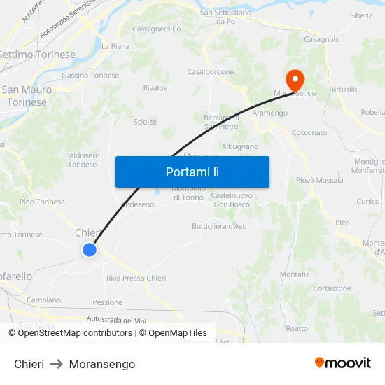 Chieri to Moransengo map