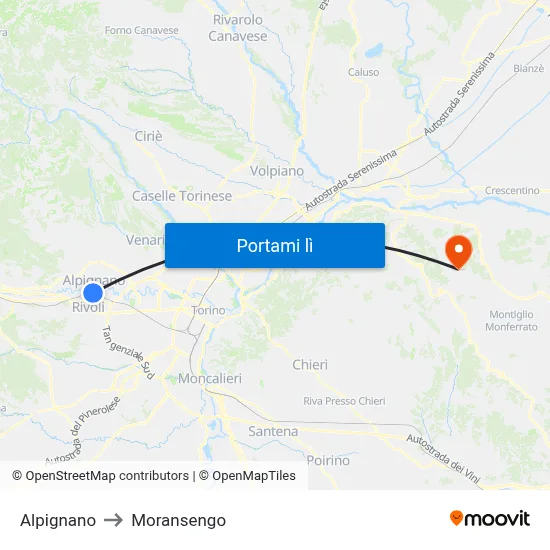 Alpignano to Moransengo map