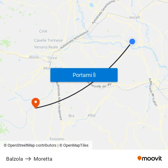 Balzola to Moretta map