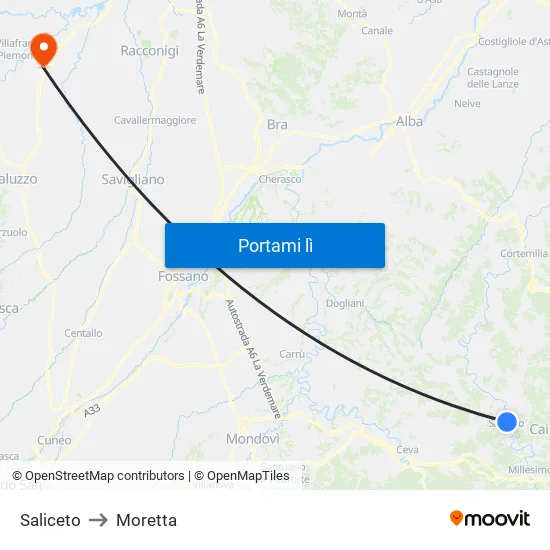 Saliceto to Moretta map