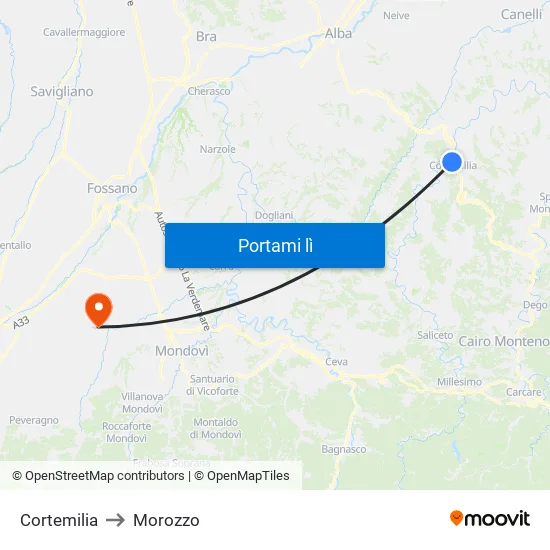Cortemilia to Morozzo map