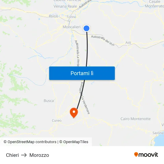 Chieri to Morozzo map