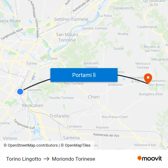 Torino Lingotto to Moriondo Torinese map