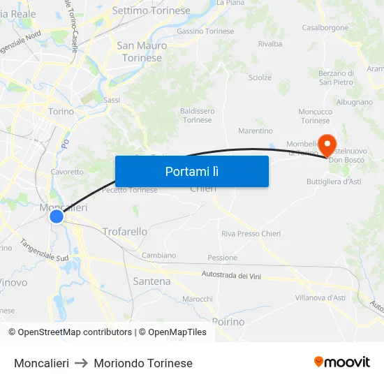 Moncalieri to Moriondo Torinese map