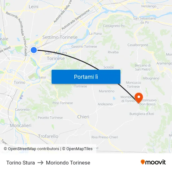 Torino Stura to Moriondo Torinese map