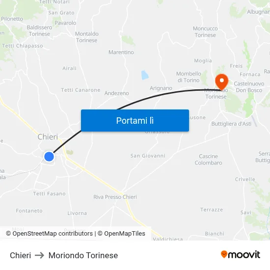 Chieri to Moriondo Torinese map