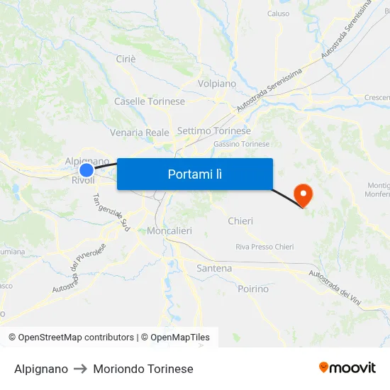 Alpignano to Moriondo Torinese map