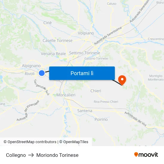 Collegno to Moriondo Torinese map