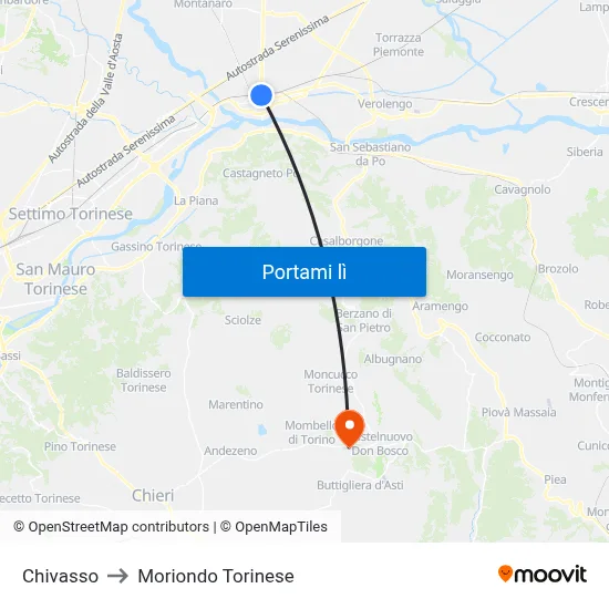 Chivasso to Moriondo Torinese map
