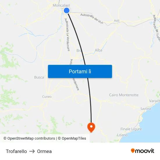 Trofarello to Ormea map