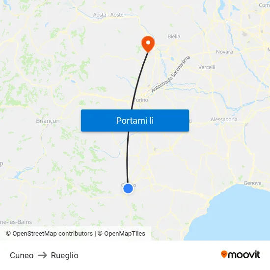 Cuneo to Rueglio map