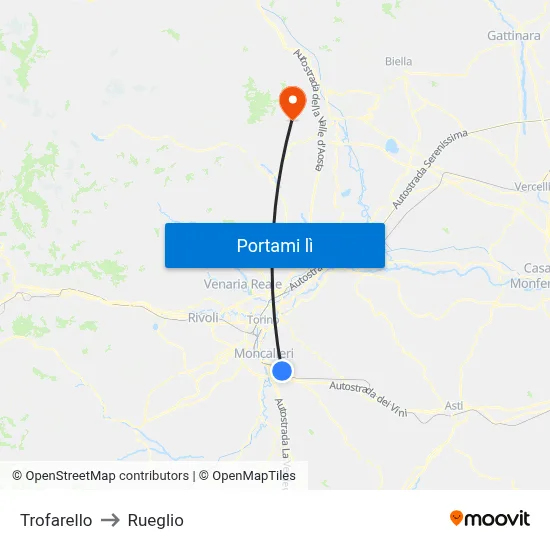 Trofarello to Rueglio map