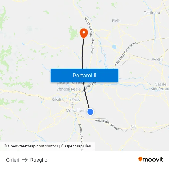Chieri to Rueglio map