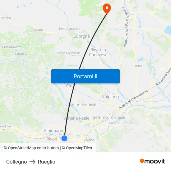 Collegno to Rueglio map