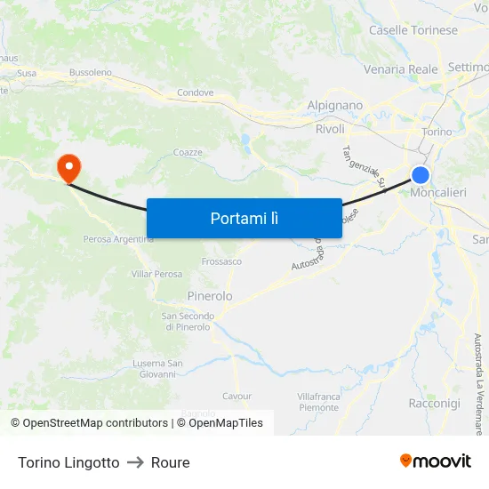 Torino Lingotto to Roure map