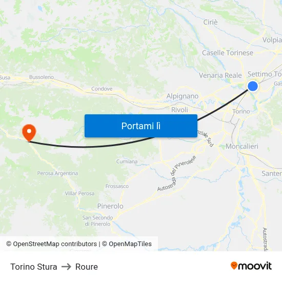 Torino Stura to Roure map