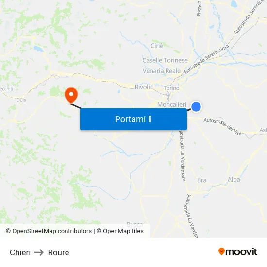 Chieri to Roure map