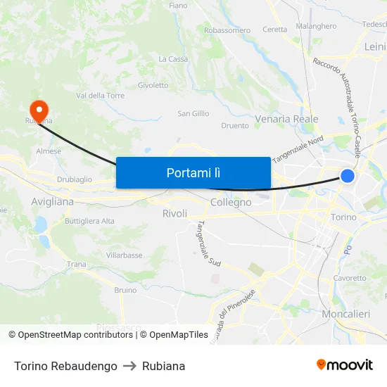 Torino Rebaudengo to Rubiana map
