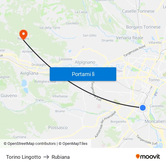 Torino Lingotto to Rubiana map