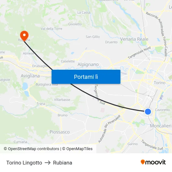 Torino Lingotto to Rubiana map