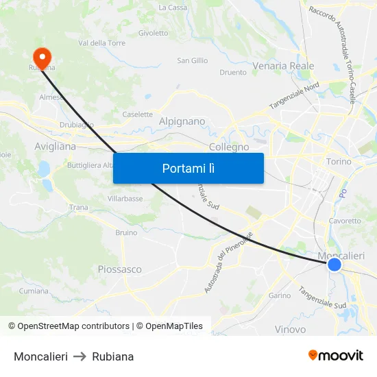 Moncalieri to Rubiana map