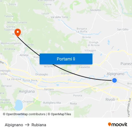 Alpignano to Rubiana map