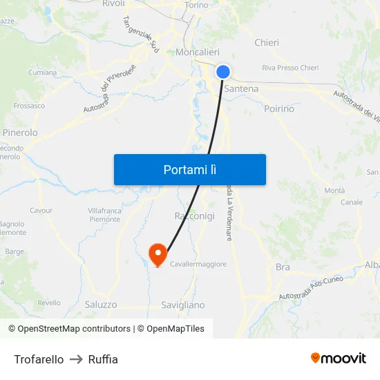 Trofarello to Ruffia map