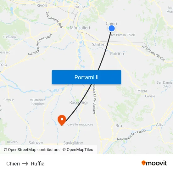 Chieri to Ruffia map