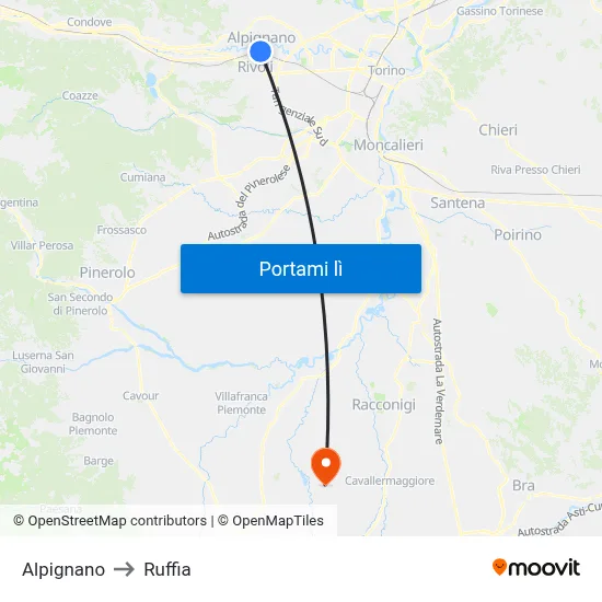 Alpignano to Ruffia map
