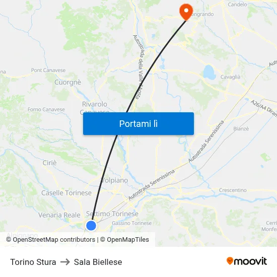 Torino Stura to Sala Biellese map
