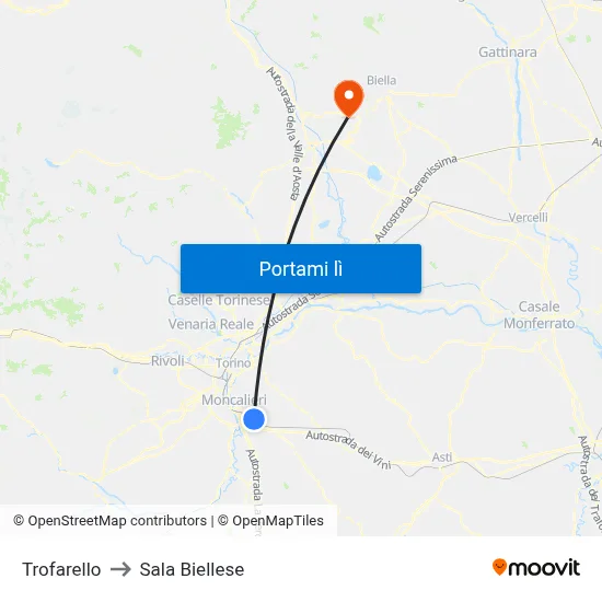 Trofarello to Sala Biellese map